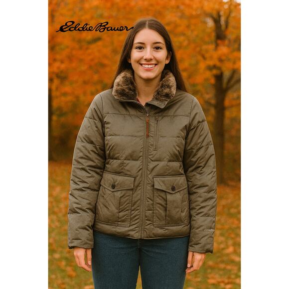 Eddie Bauer Women’s Warm Quilted Coat Jacket Faux Fur Detail M Medium Gray - Picture 1 of 6